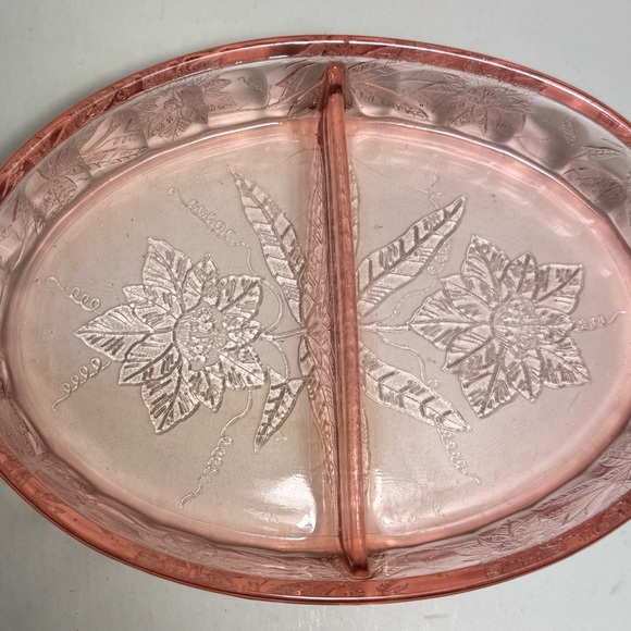 Jeannette Other - Jeannette Vintage Pink Depression Glass Divided Relish Dish Poinsettia Design 8”